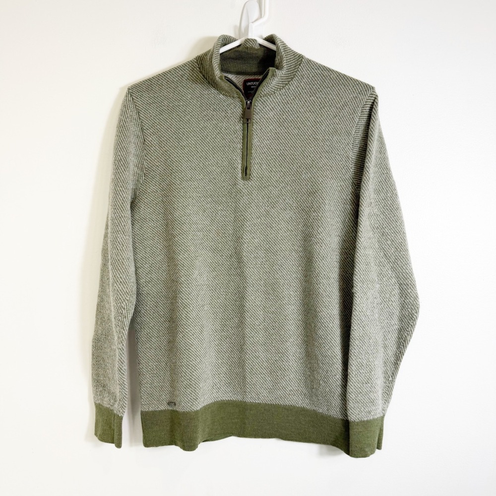 UNTUCKit Sweater Men Medium Green Extrafine Merino Wool Quarter Zip Textured